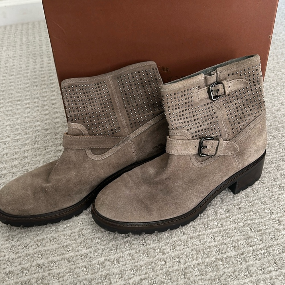 Coach Gates Stone Suede Studded Moto Buckle Combat Boots Size 9.5
